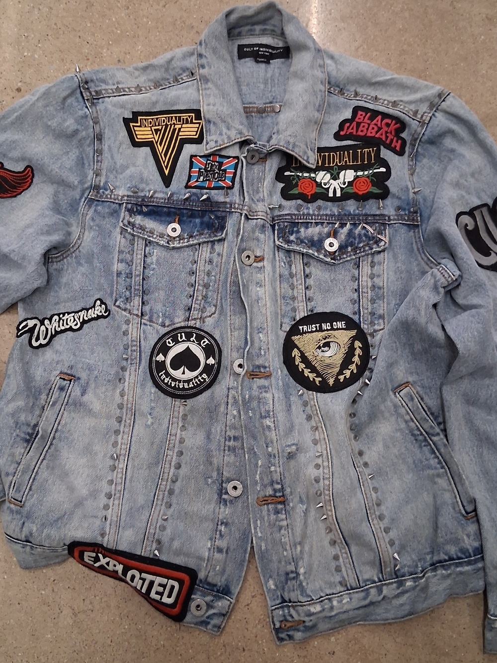 Cult of Individuality Light Blue Patchwork Spiked Denim Jacket Sz XXL!